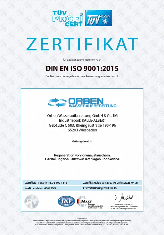 Orben Wasseraufbereitung I Zertifikat DIN EN ISO 9001:2015